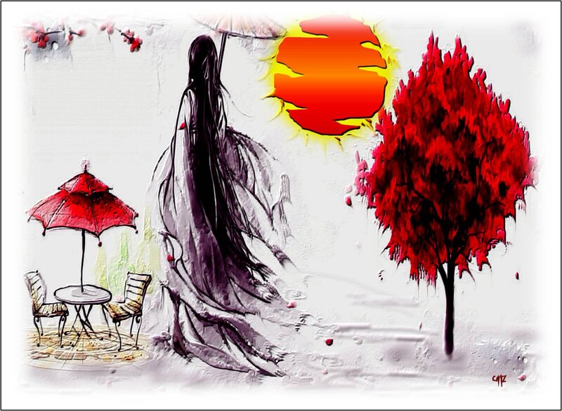 Woman with Long Hair — Red, Dramatic, Sunset, Digital Art, Red Umbrella