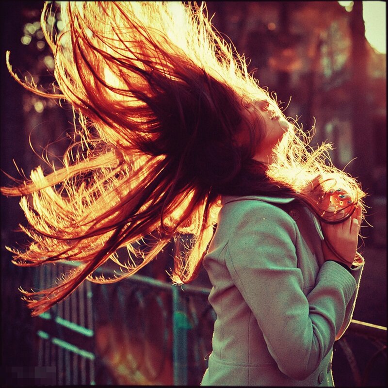 Woman with Long Hair — Red, Dramatic, Sunset, Photograph, Coat