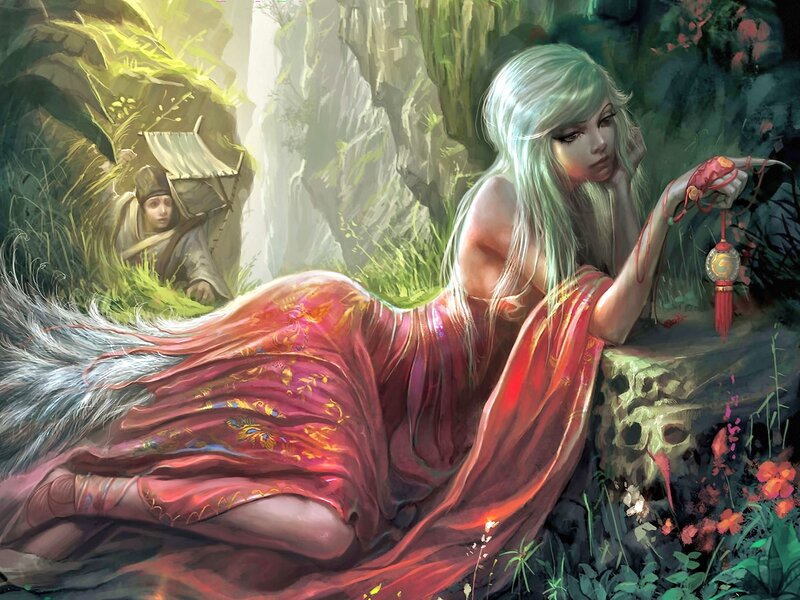 Woman with Long Hair — Red, Serene, Afternoon, Digital Art