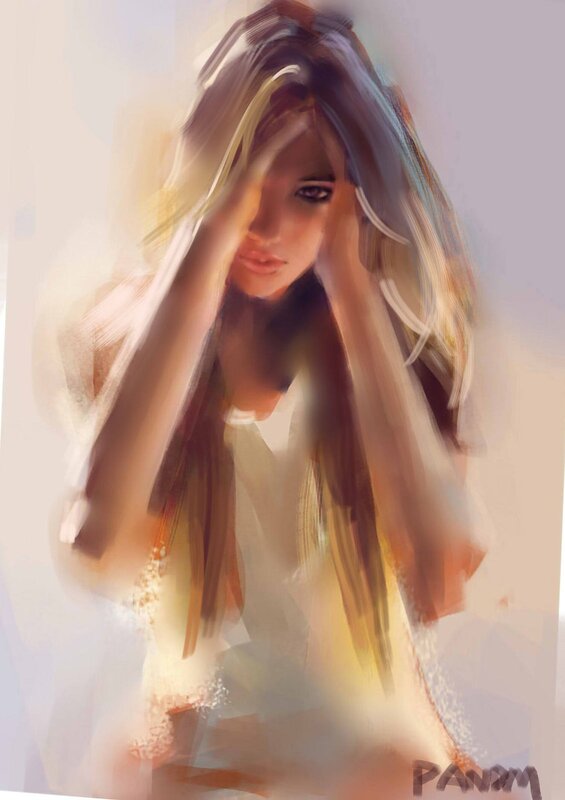 Woman with Long Hair — White, Dramatic, Digital Art, Hands