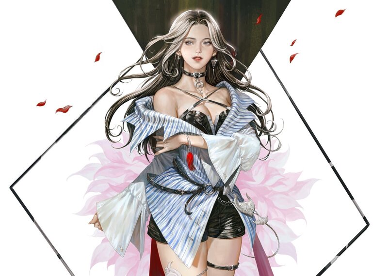 Woman with Long Hair — White, Dramatic, Digital Art, Red Petals