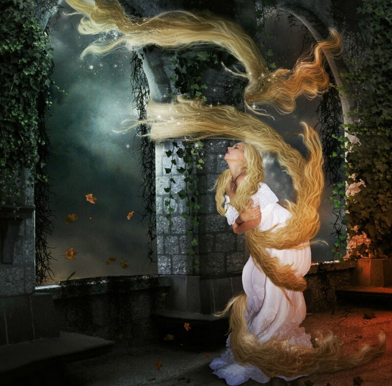 Woman with Long Hair — White, Dramatic, Night, Digital Art, Stone Archway