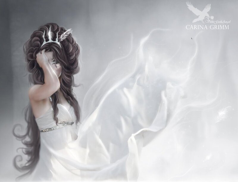 Woman with Long Hair — White, Ethereal, Digital Art, Crown