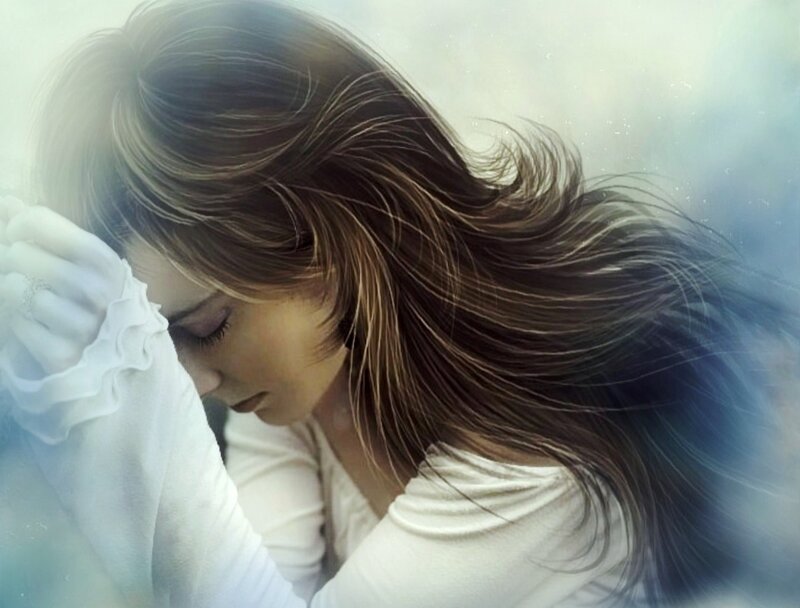 Woman with Long Hair — White, Melancholic, Digital Art, White Shirt