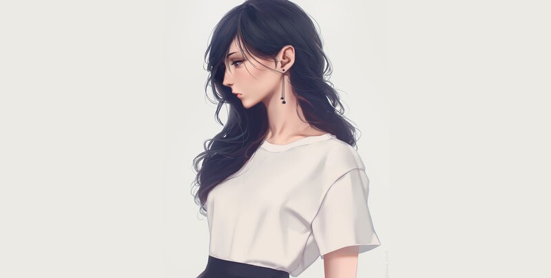 Woman with Long Hair — White, Neutral, Digital Art, Earring