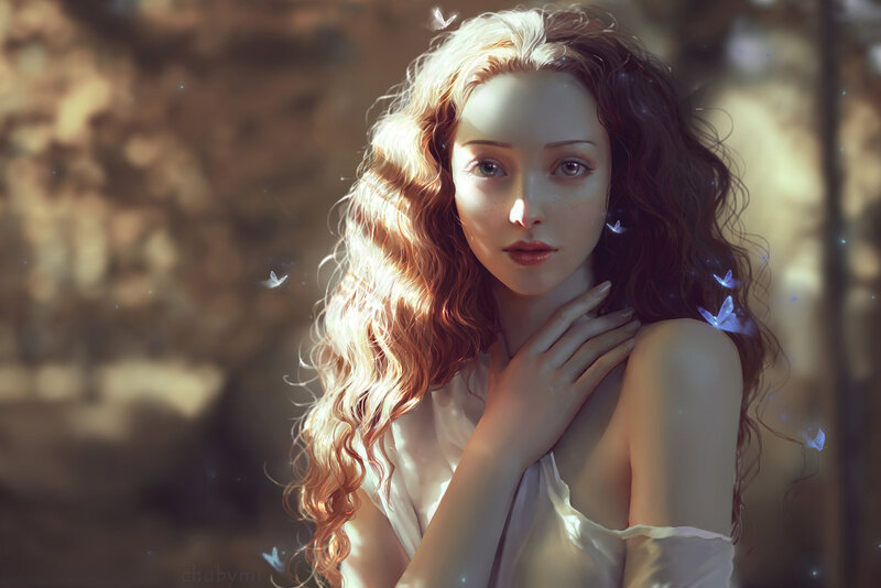 Woman with Long Hair — White, Serene, Afternoon, Digital Art