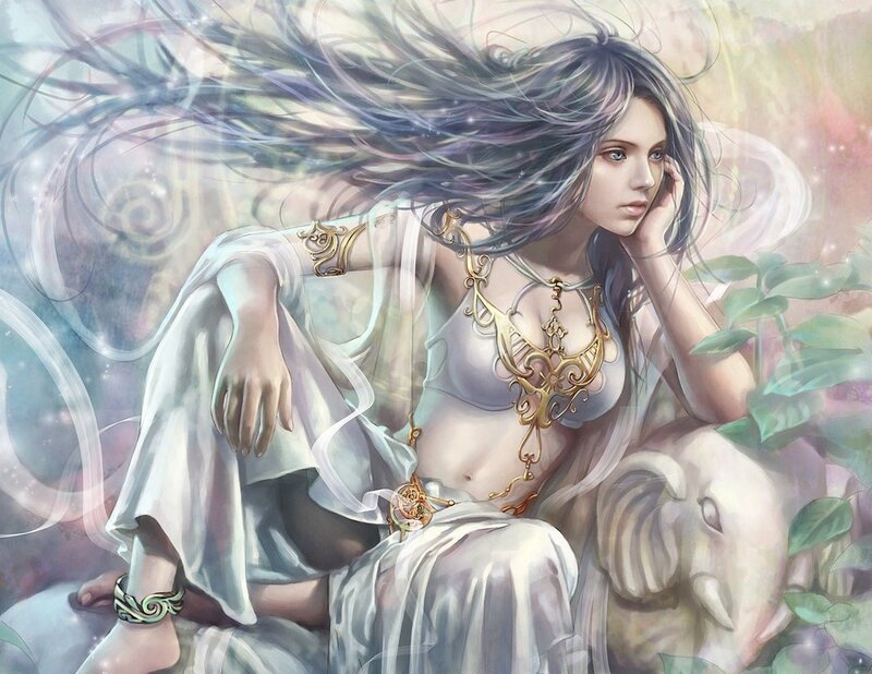 Woman with Long Hair — White, Serene, Digital Art, Elephant, Jewelry