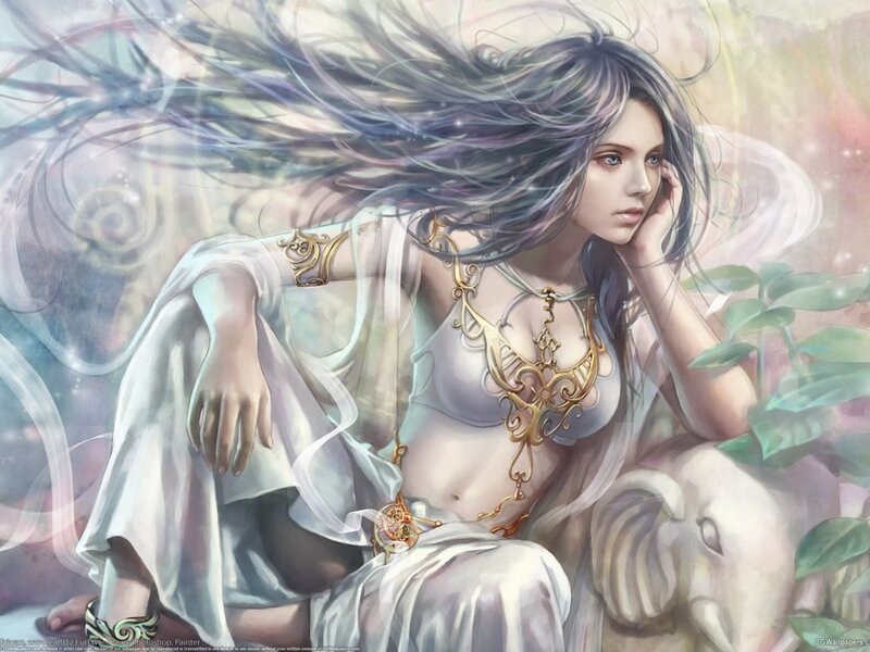 Woman with Long Hair — White, Serene, Digital Art, Elephant, Plant