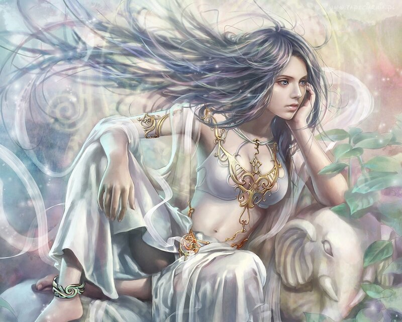 Woman with Long Hair — White, Serene, Digital Art, Elephant Statue
