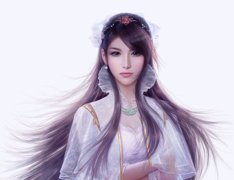 Woman with Long Hair — White, Serene, Digital Art, Flower