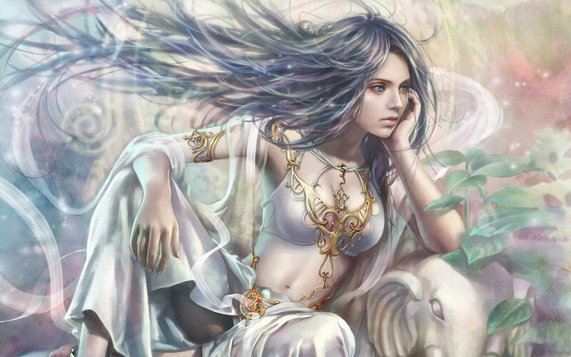 Woman with Long Hair — White, Serene, Digital Art, Gold Jewelry, White Robe, Plants