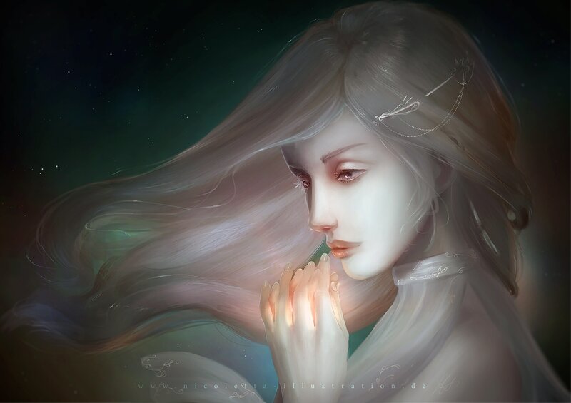 Woman with Long Hair — White, Serene, Night, Digital Art, Hands