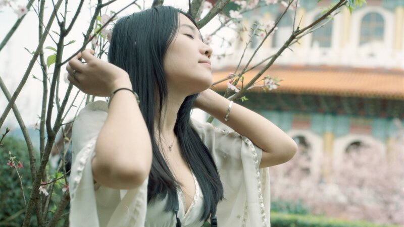 Woman with Long Hair — White, Serene, Spring, Photograph, Flowering Tree