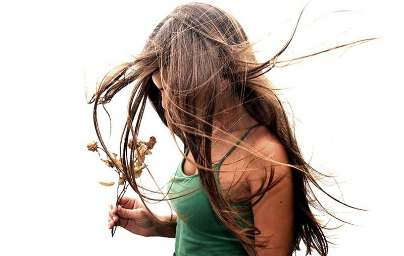 Woman with Long Hair — White, Windy