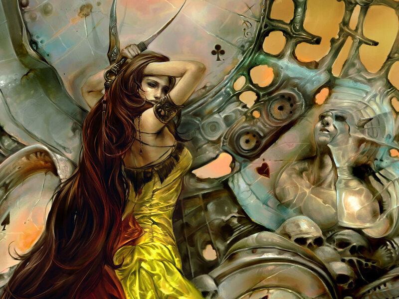 Woman with Long Hair — Yellow, Dramatic, Digital Art, Sword, Skulls
