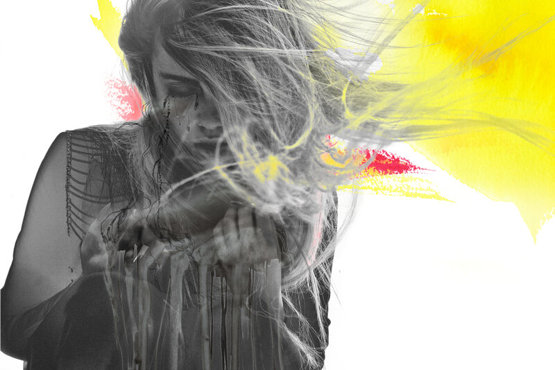 Woman with Long Hair — Yellow, Dramatic, Digital Art, Tears