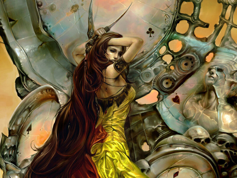 Woman with Long Hair — Yellow, Dramatic, Digital Art