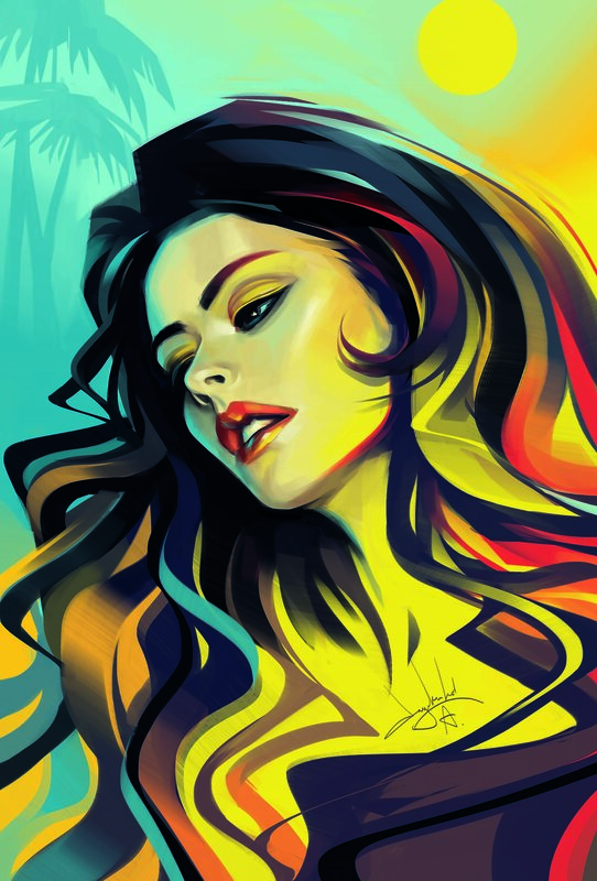 Woman with Long Hair — Yellow, Dramatic, Sunset, Digital Art, Sun