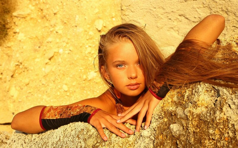 Woman with Long Hair — Yellow, Dramatic, Sunset, Photograph, Rock