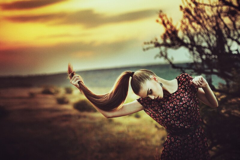 Woman with Long Hair — Yellow, Dramatic, Sunset, Photograph
