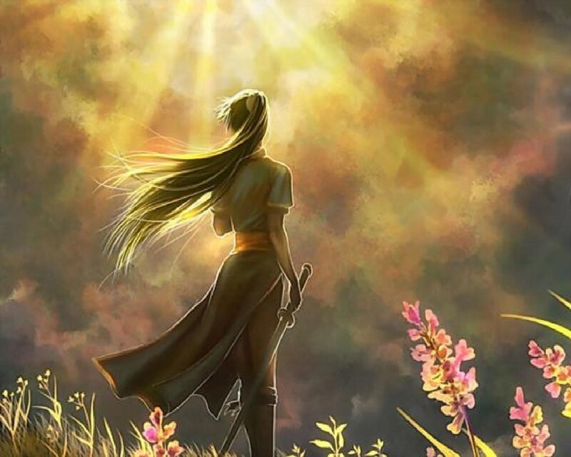 Woman with Long Hair — Yellow, Dramatic, Sunset