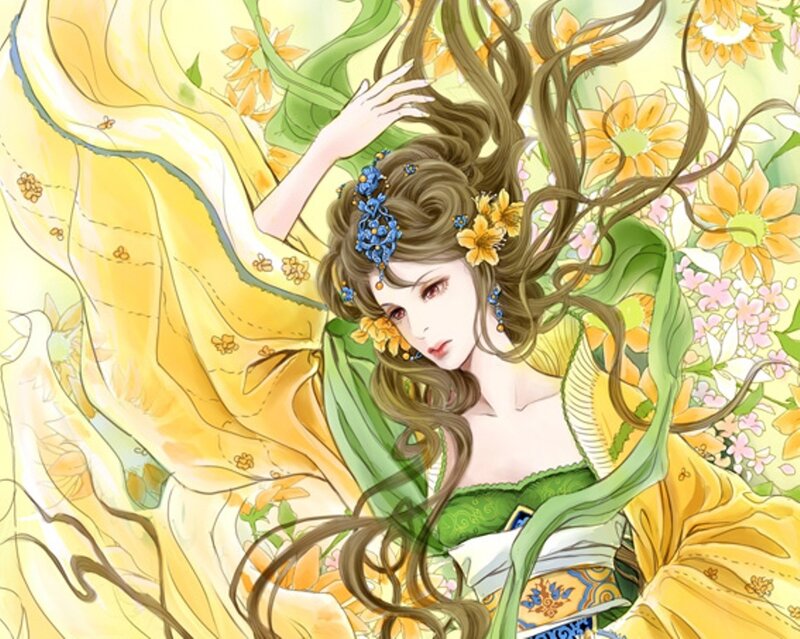 Woman with Long Hair — Yellow, Serene, Digital Art, Flowers