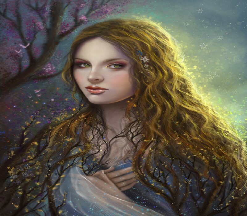 Woman with Long Hair — Yellow, Serene, Night, Digital Art