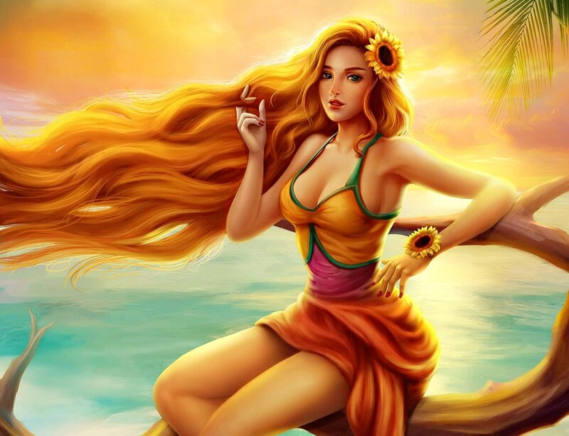 Woman with Long Hair — Yellow, Serene, Sunset, Digital Art