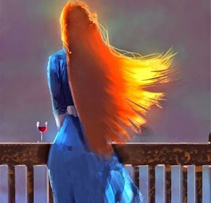 Woman with Long Red Hair — Blue, Dramatic, Sunset