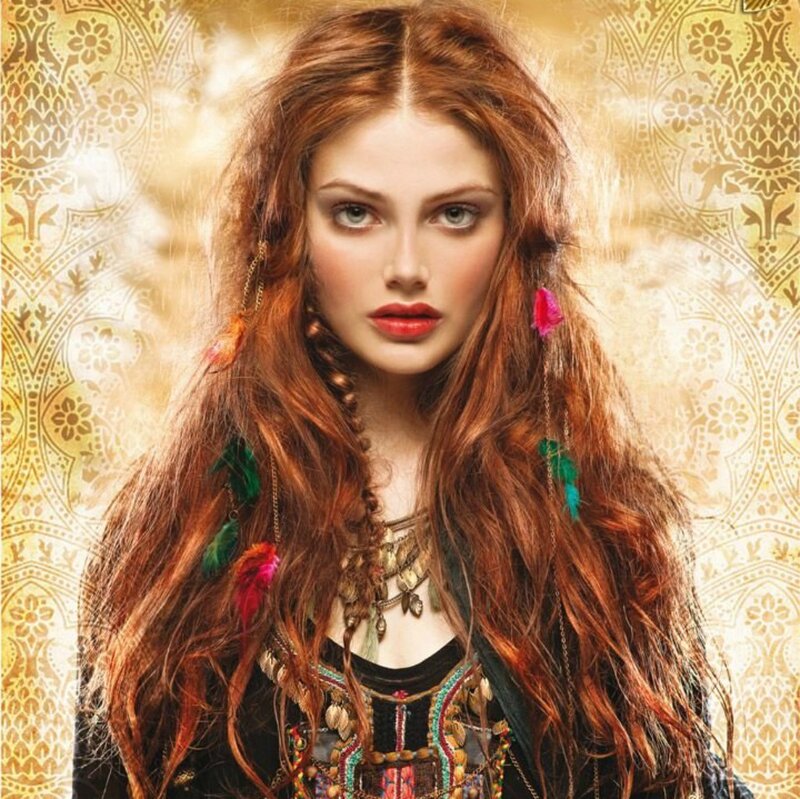 Woman with Long Red Hair — Dramatic, Photograph, Feather Earrings