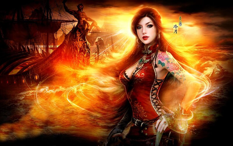 Woman with Long Red Hair — Dramatic, Sunset