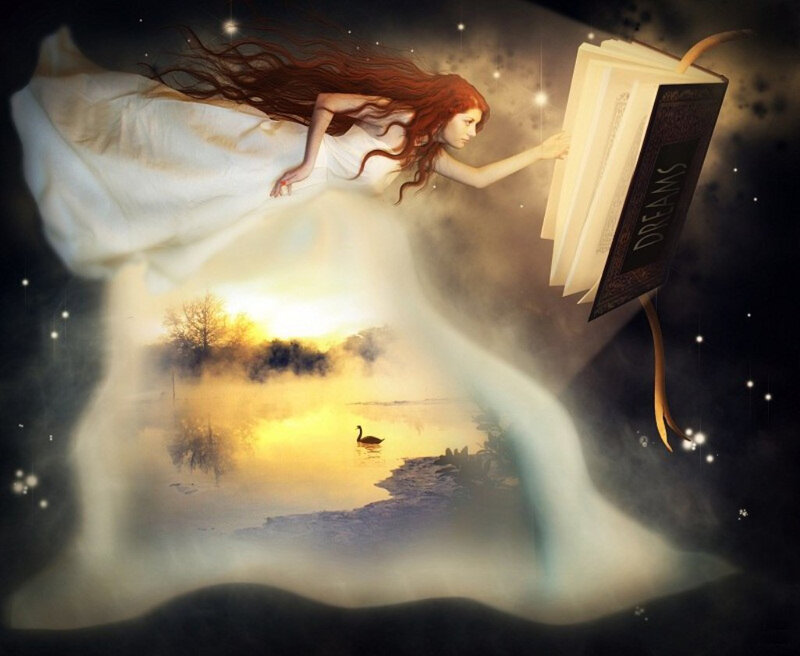 Woman with Long Red Hair — White, Dreamy, Sunset