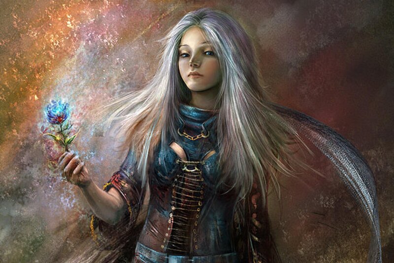 Woman with Long Silver Hair — Blue, Dramatic