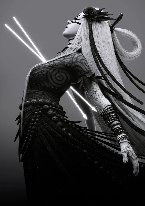 Woman with Long White Hair — Black, Dramatic, Digital Art, Tattoos