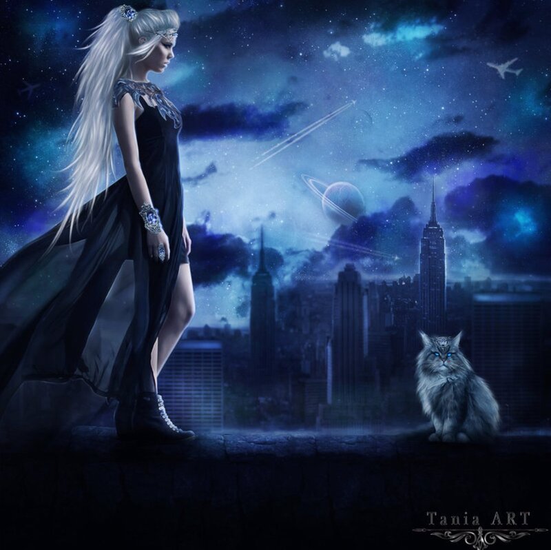 Woman with Long White Hair — Blue, Dramatic, Night, Digital Art, Cat