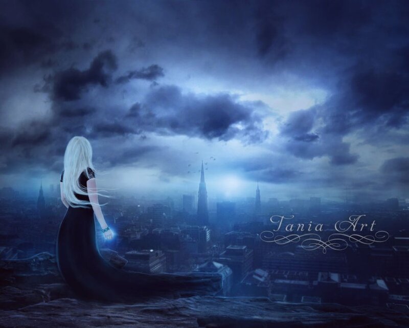 Woman with Long White Hair — Blue, Dramatic, Night, Digital Art, Cityscape