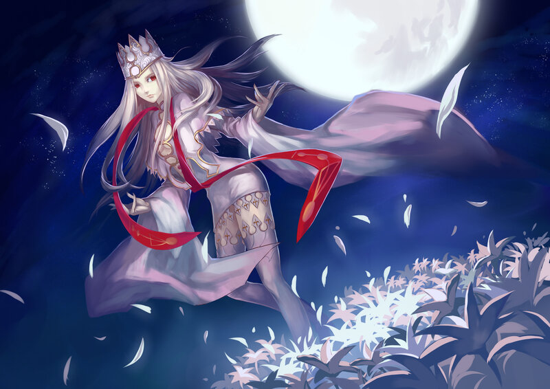 Woman with Long White Hair — Blue, Dramatic, Night, Digital Art, Moon