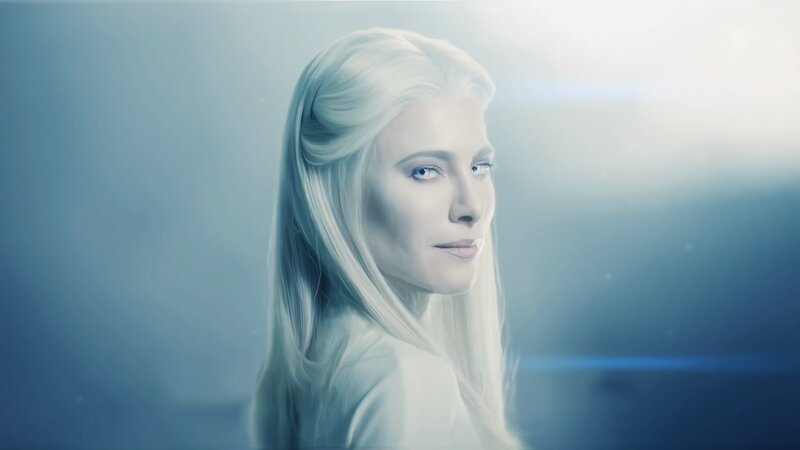 Woman with Long White Hair — Blue, Serene, Digital Art, Lighting