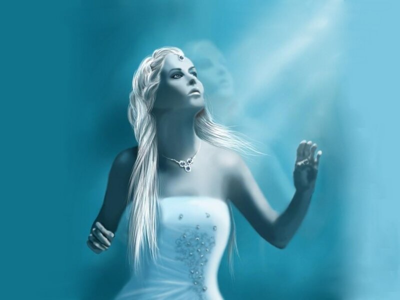 Woman with Long White Hair — Blue, Serene, Digital Art