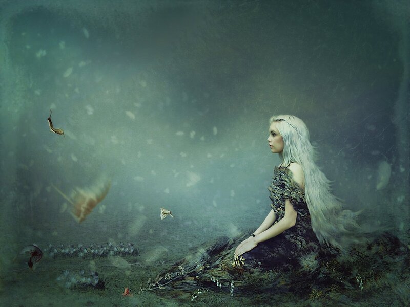 Woman with Long White Hair — Green, Dreamy