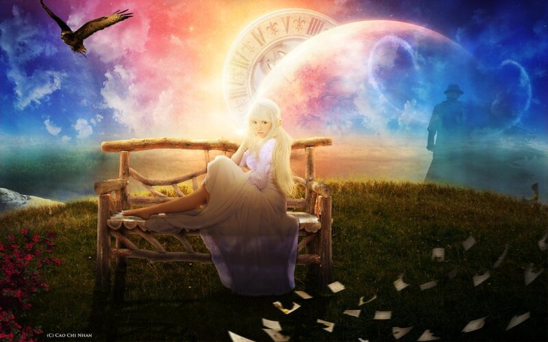 Woman with Long White Hair — Purple, Dreamy