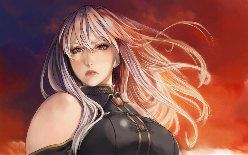 Woman with Long White Hair — Red, Dramatic