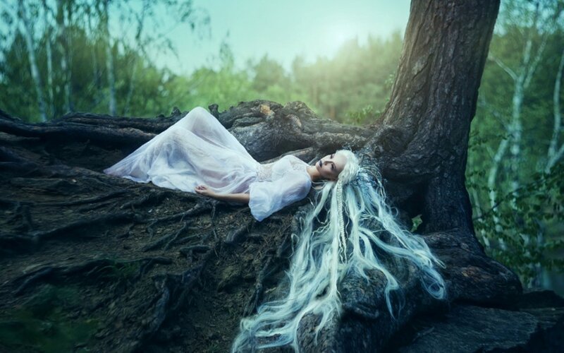 Woman with Long White Hair — Serene, Morning, Digital Art