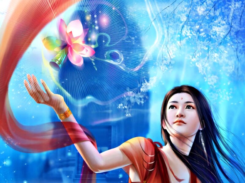 Woman with Lotus Flower — Blue, Serene, Digital Art