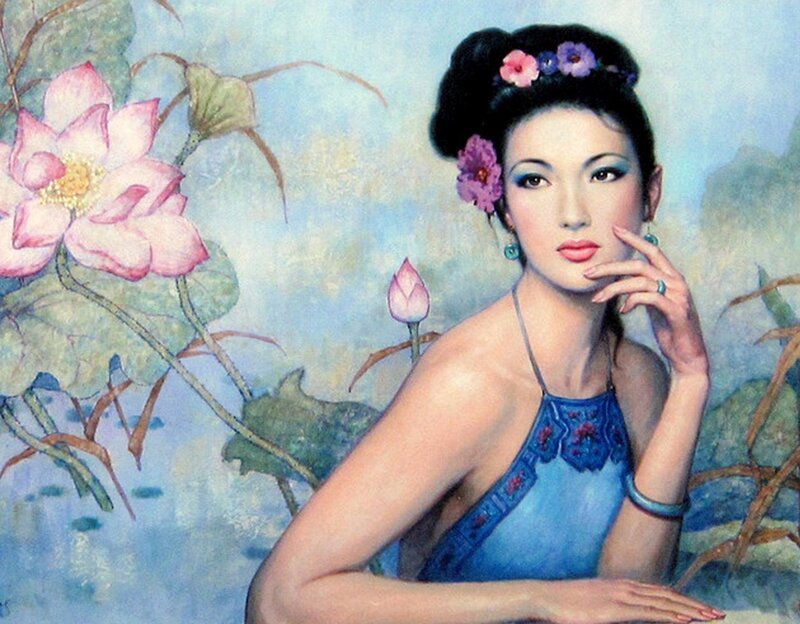 Woman with Lotus Flowers — Blue