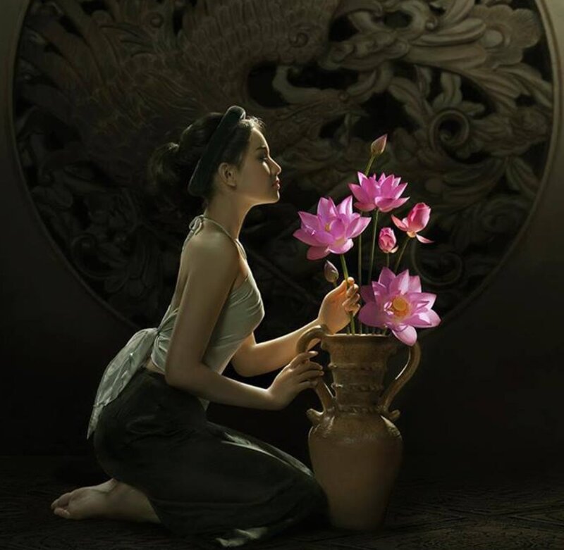 Woman with Lotus Flowers — Pink