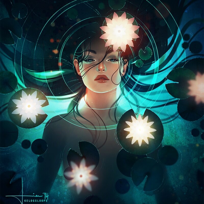 Woman with Lotus Flowers — Teal