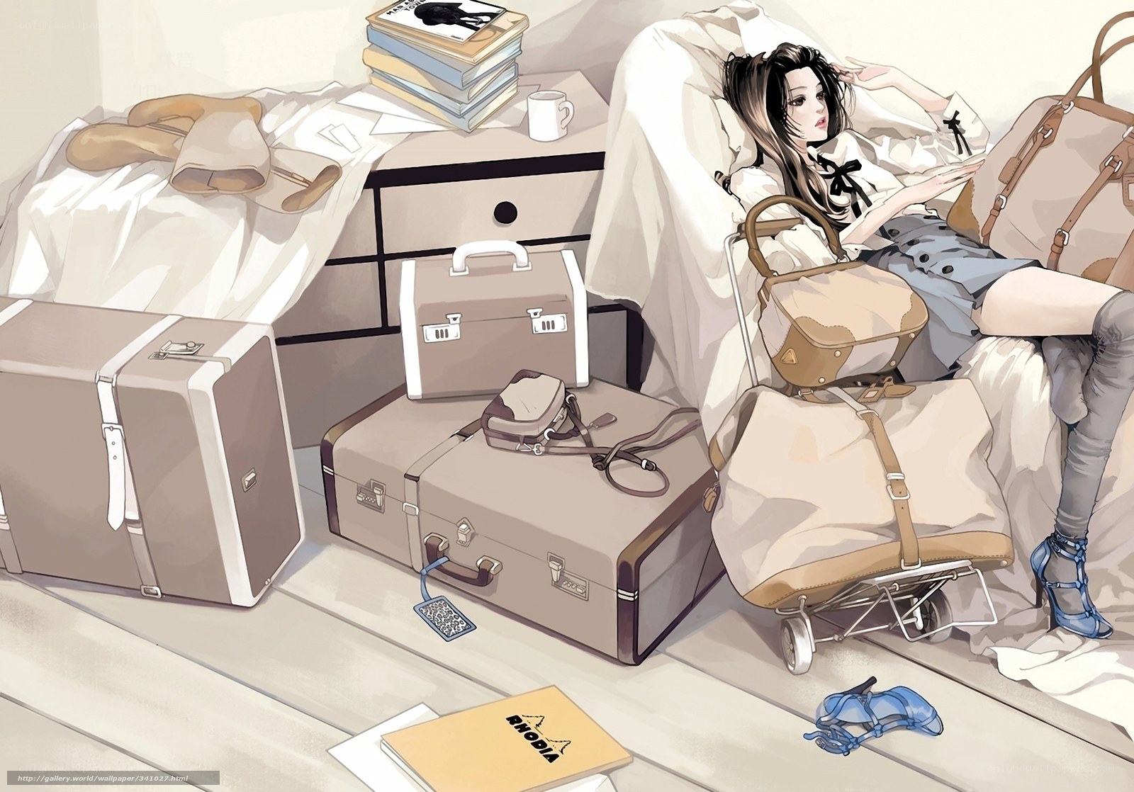 woman with luggage in bedroom