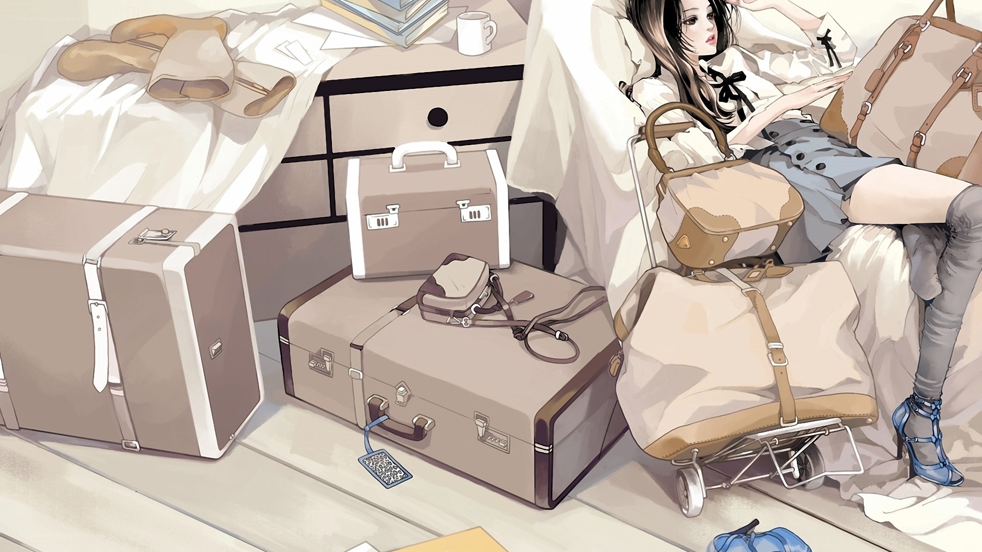 woman with luggage in bedroom