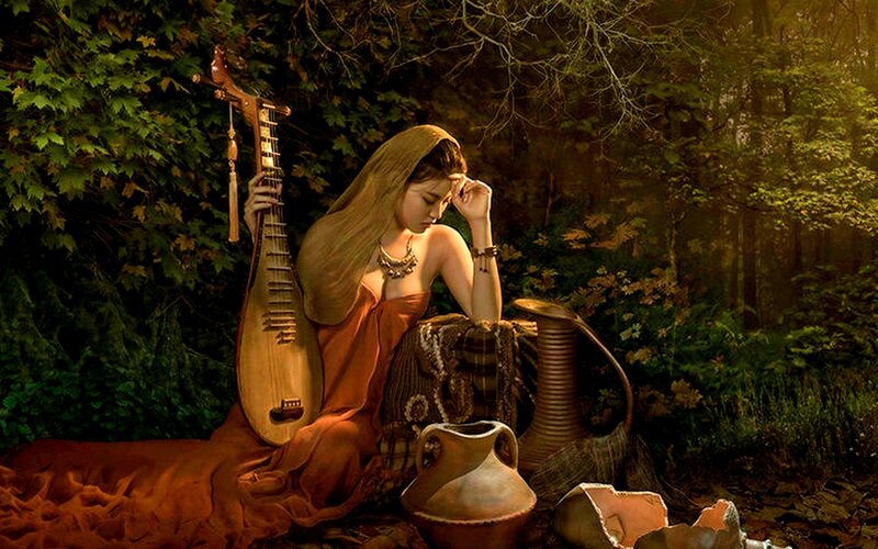 Woman with Lute in Forest
